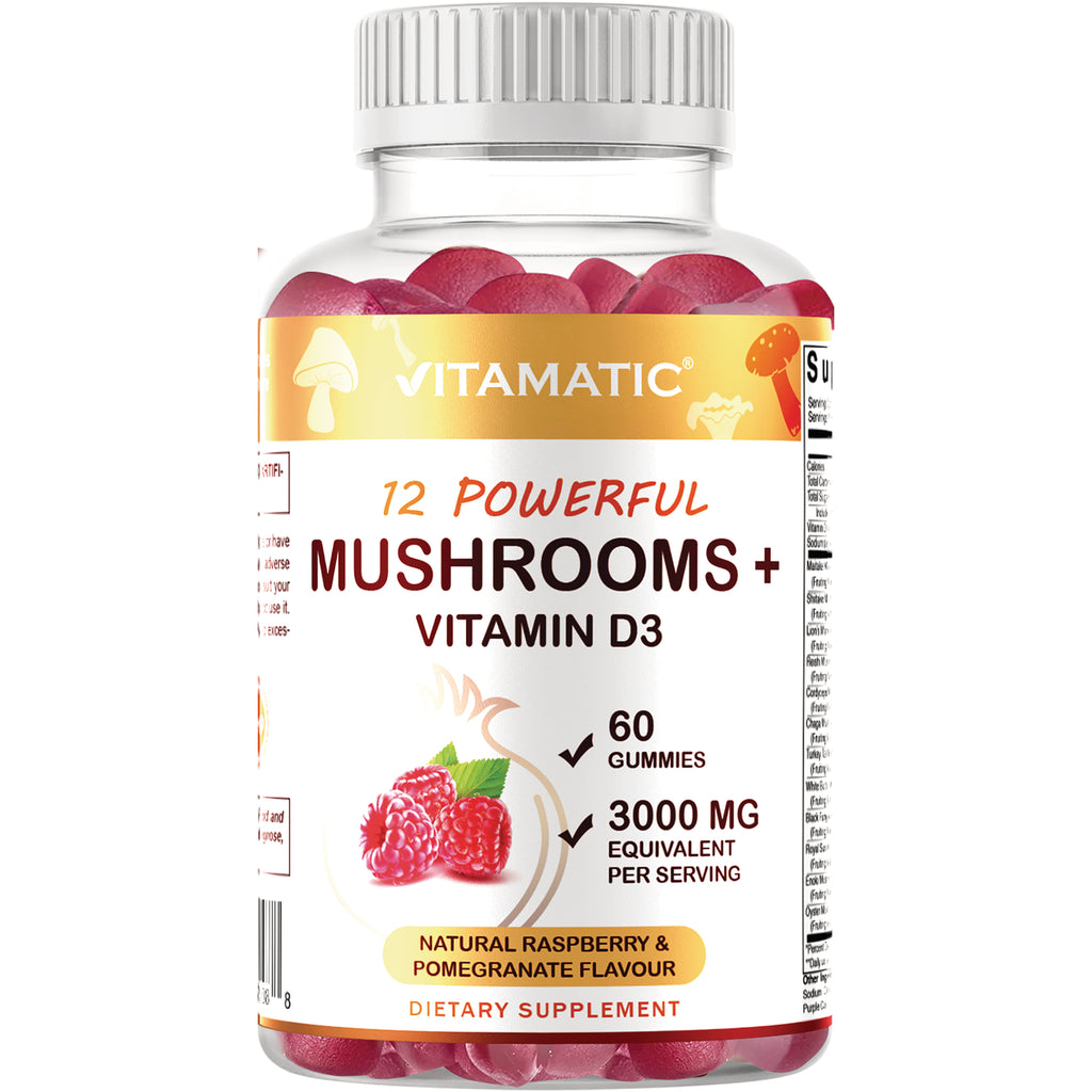 VAM001 | Vitamatic 12 Powerful Mushrooms + Vitamin D3 gummies, 60 count, 3000 mg per serving, raspberry pomegranate flavor - Thumbnail