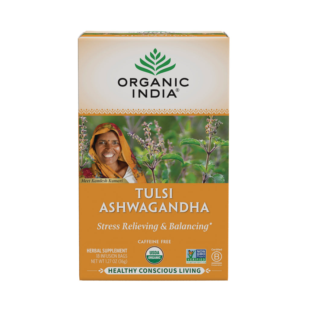 RGN103 | Organic India Tulsi Ashwagandha tea box front, orange packaging labeled Stress Relieving & Balancing and USDA Organic - Thumbnail