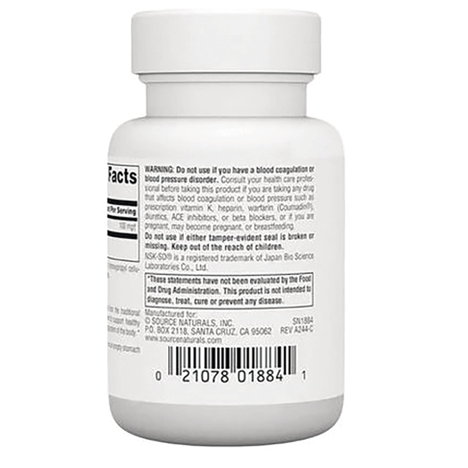 SN743 | Back label of supplement bottle with warning text, Supplement Facts panel, and barcode