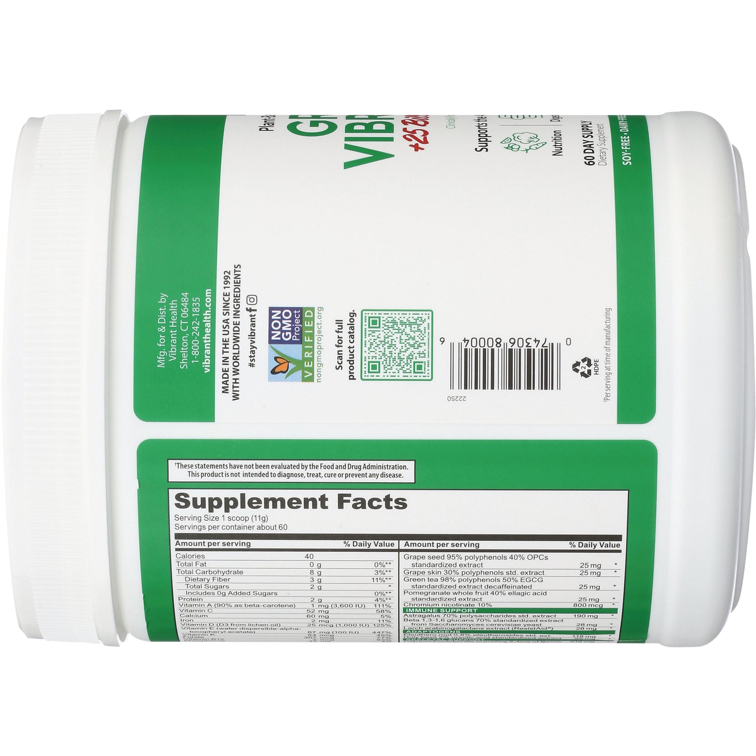 VH001 | Back label with Supplement Facts panel, barcode, and QR code