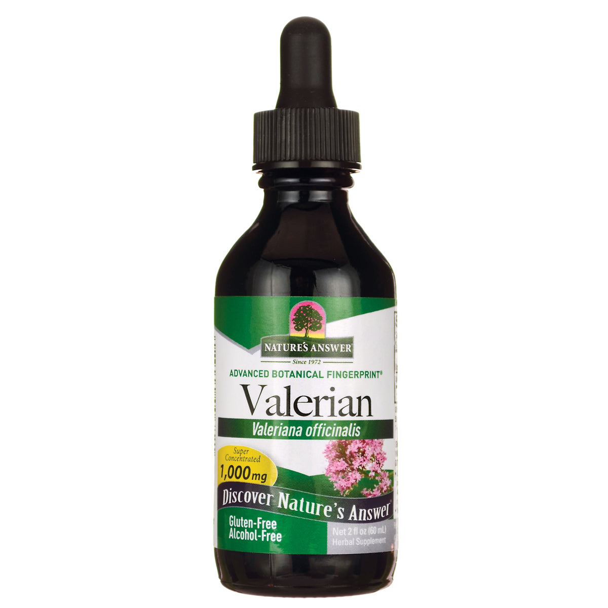 NAT095 | Dark glass dropper bottle labeled Valerian 1,000 mg herbal supplement, gluten-free alcohol-free