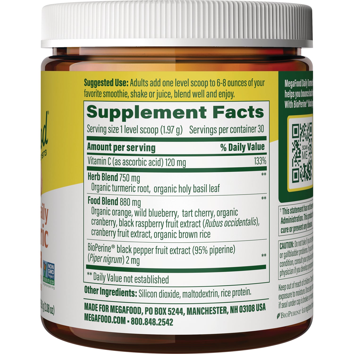 MGF051 | Back label showing Supplement Facts panel and ingredient list on amber supplement jar