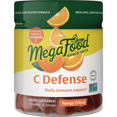 MGF101 | MegaFood C Defense tangy citrus gummy jar front label with oranges and 70 gummies