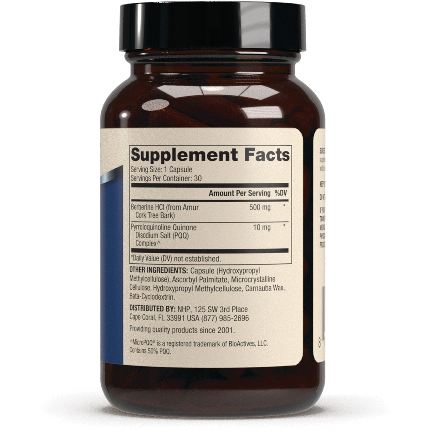 MRC093 | back of brown supplement bottle showing Supplement Facts panel and ingredient list