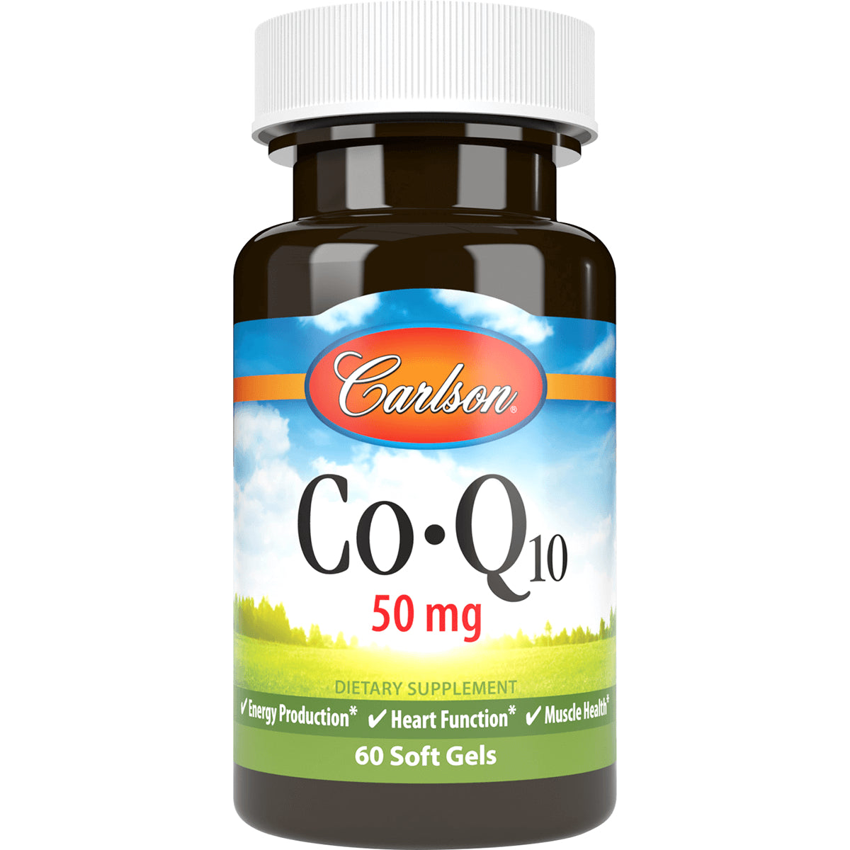 CSN100 | Brown bottle labeled Carlson Co-Q10 50 mg dietary supplement, 60 soft gels