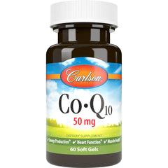 CSN100 | Brown bottle labeled Carlson Co-Q10 50 mg dietary supplement, 60 soft gels
