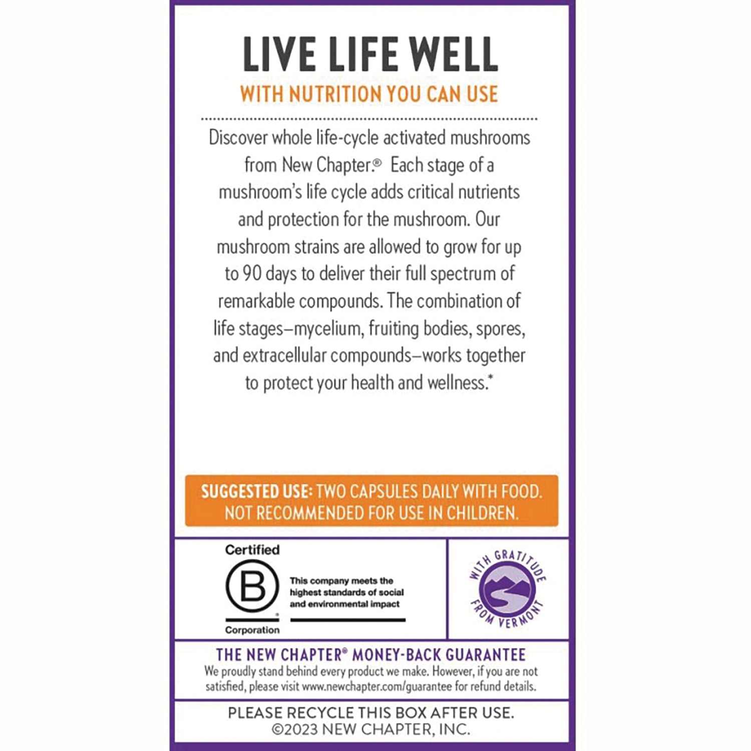 NWC269 | Back panel of supplement box with Live Life Well heading, product description and suggested use two capsules daily