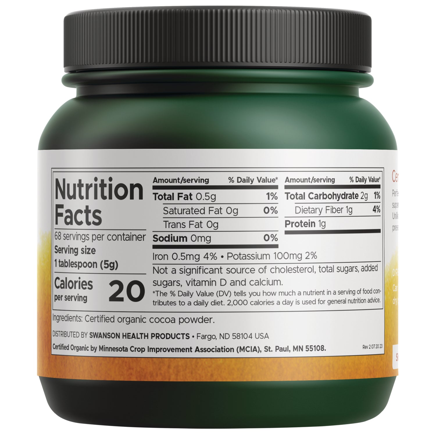 SWF031 | Back label with Nutrition Facts for organic cocoa powder, 20 calories per serving