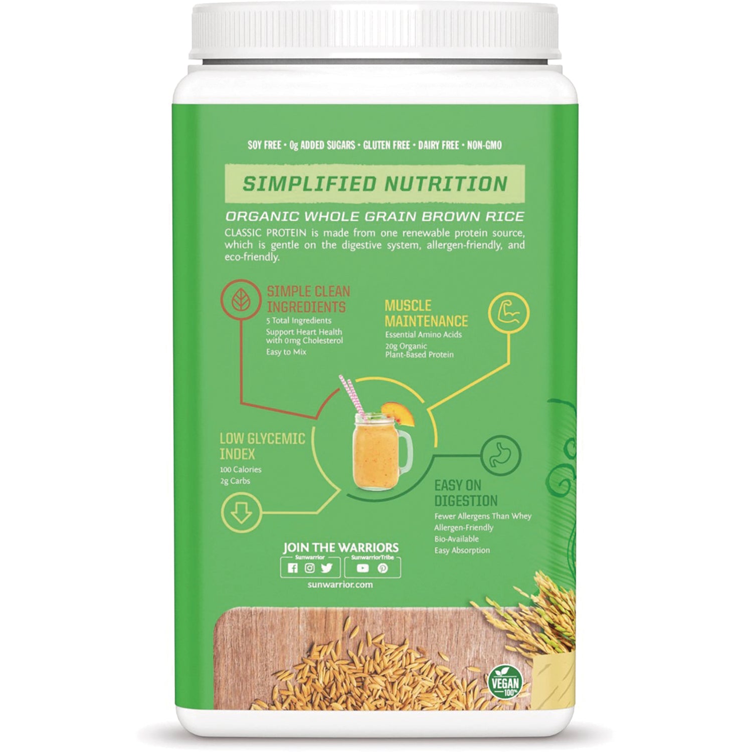 SNW028 | Back label with Simplified Nutrition infographic: organic brown rice protein, simple ingredients, low glycemic index