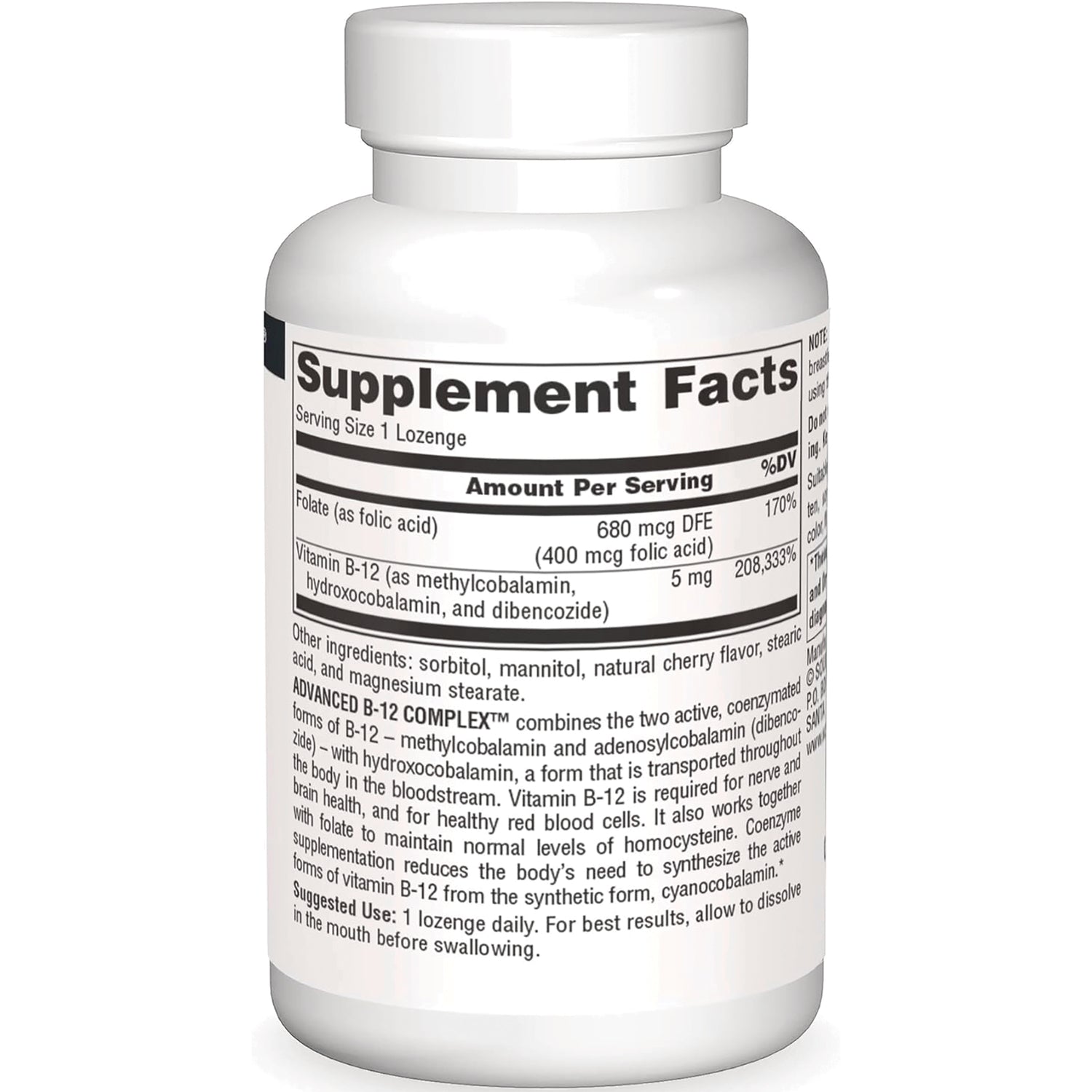 SN709 | Back label with Supplement Facts for folate and vitamin B-12 lozenge