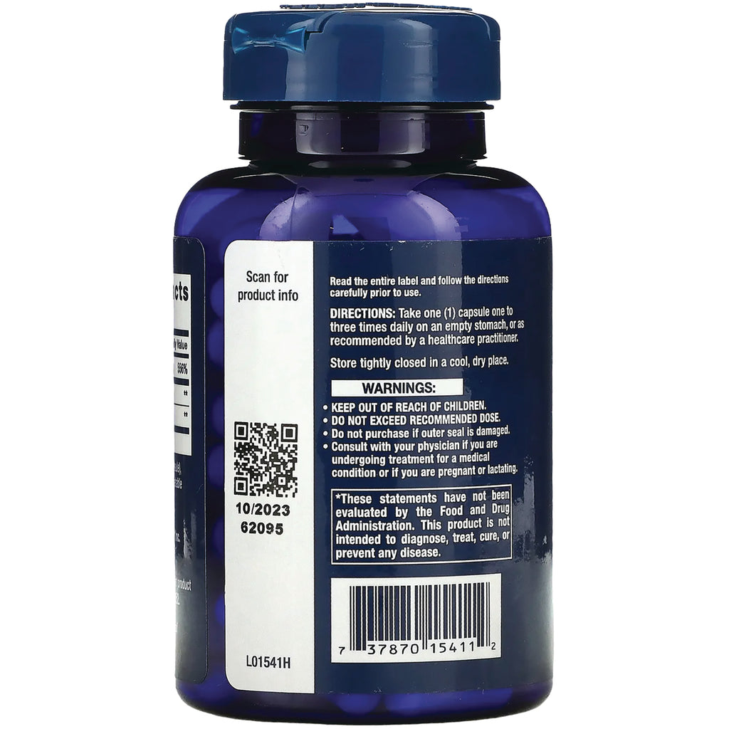 LE218 | Back label of blue supplement bottle showing directions, warnings, QR code, barcode, and lot 10/2023 - Thumbnail