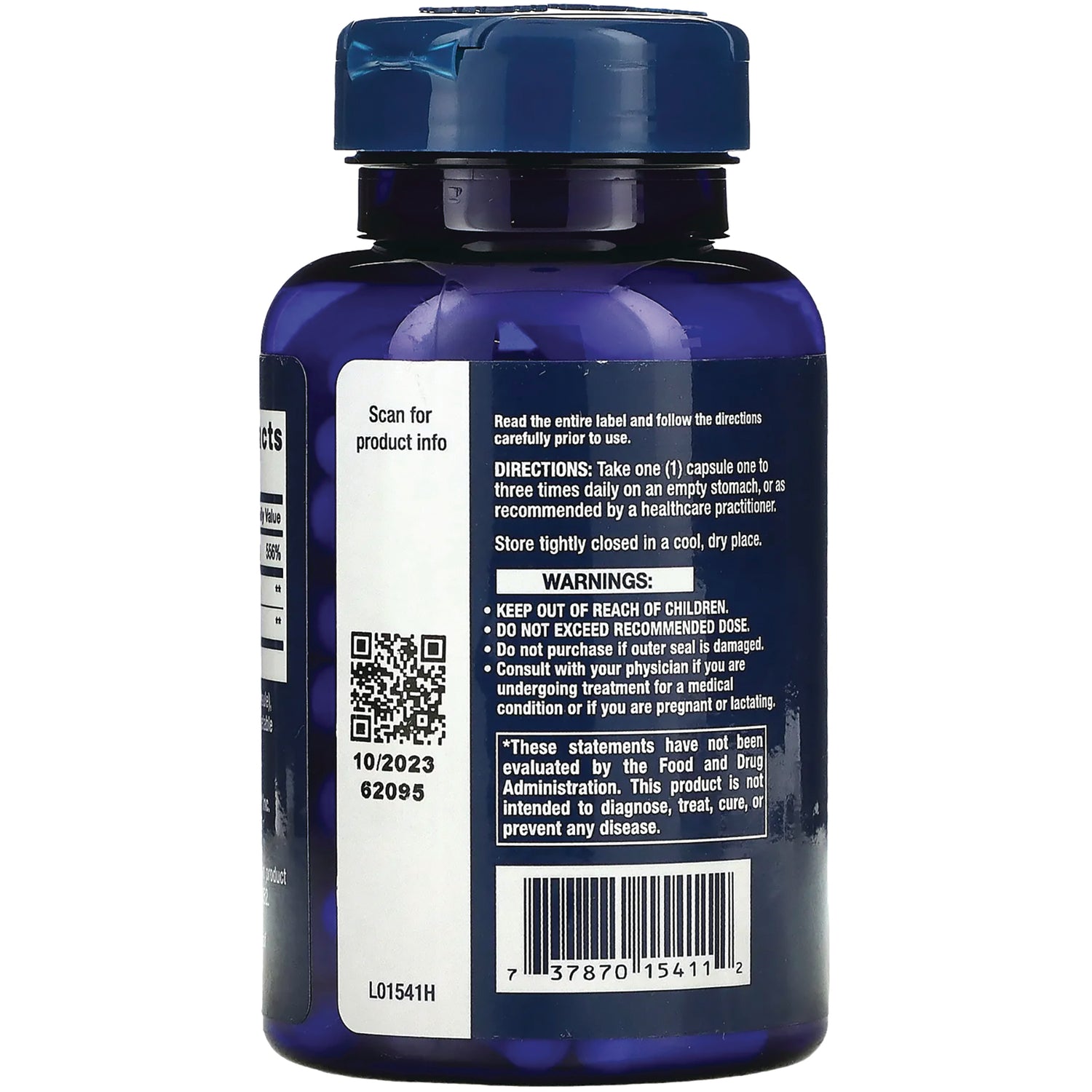 LE218 | Back label of blue supplement bottle showing directions, warnings, QR code, barcode, and lot 10/2023