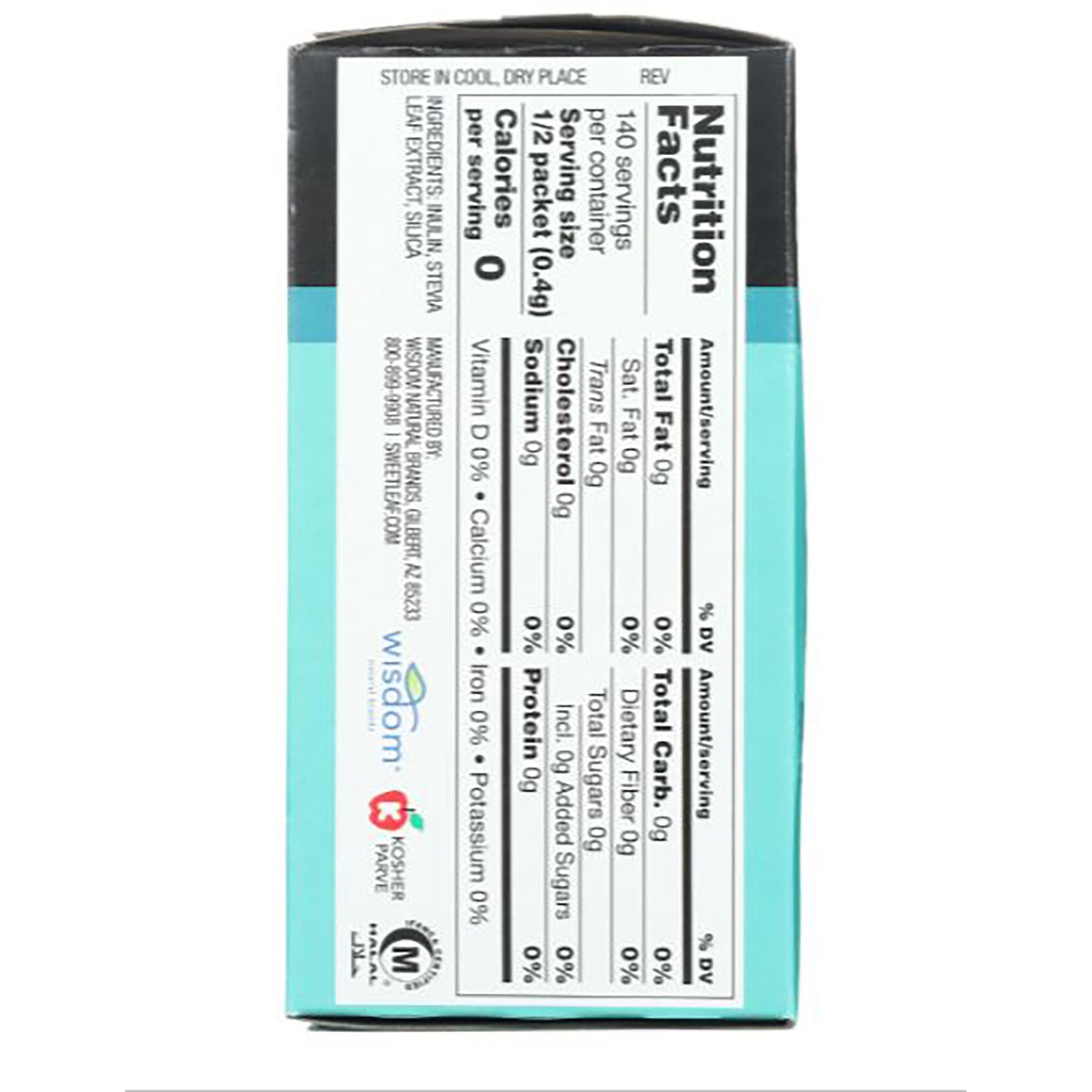 WA029 | Nutrition Facts side panel with ingredients on teal sweetener box; 0 calories per serving