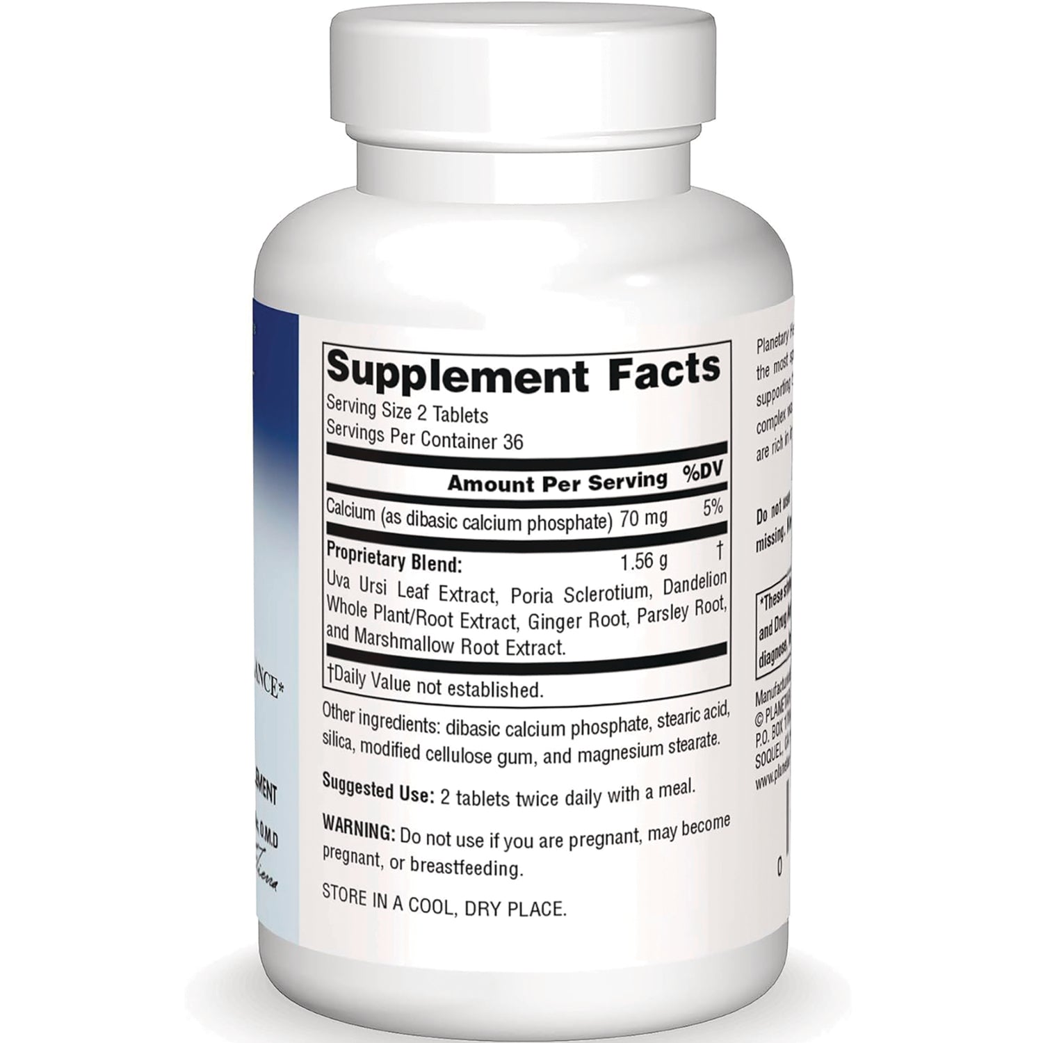 PF090 | Back of white supplement bottle showing Supplement Facts panel, ingredients and warnings