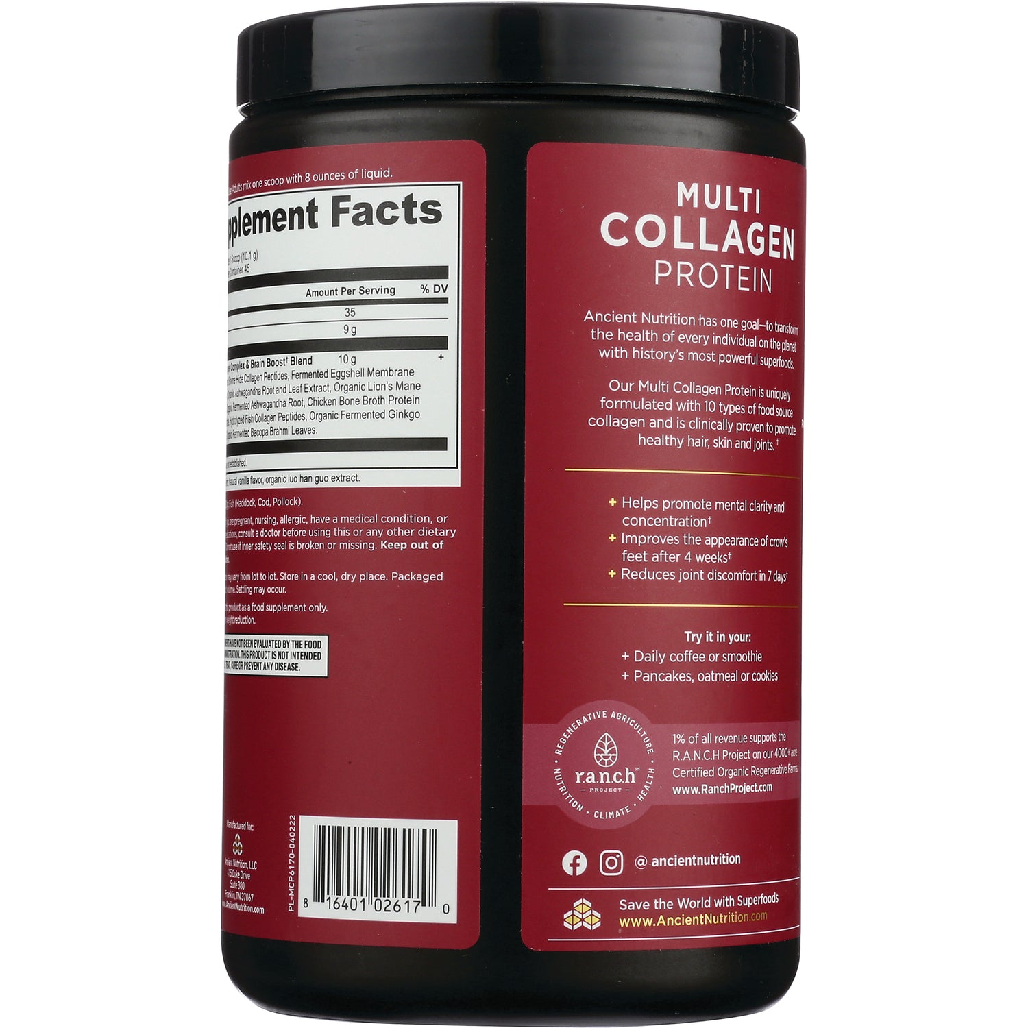 ATN093 | Back label of red Multi Collagen Protein tub showing Supplement Facts panel, product claims and barcode
