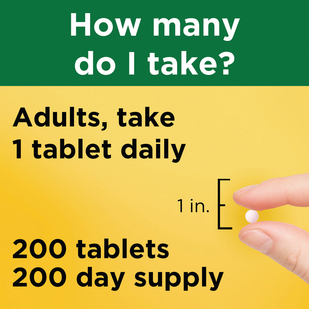NTM174 | Instruction panel: Adults, take 1 tablet daily; hand holding small round tablet with 1 in. scale and 200 tablets 200 day supply - Thumbnail