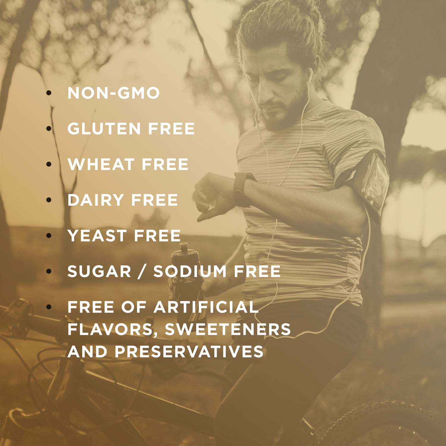 SLG310 | Infographic: NON-GMO; gluten,wheat,dairy,yeast,sugar/sodium free; no artificial flavors/sweeteners/preservatives
