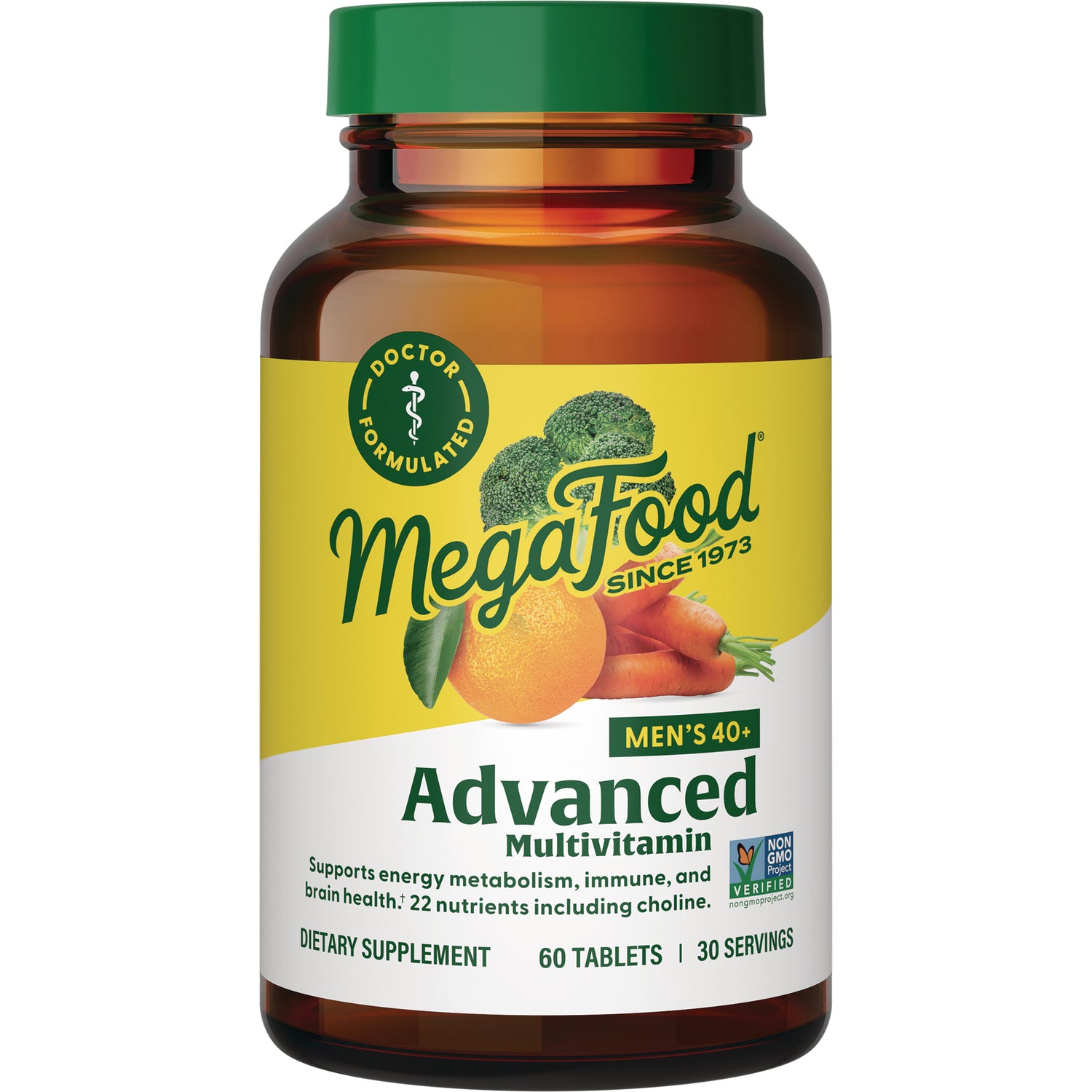 MGF067 | Brown bottle of MegaFood Advanced Multivitamin Men's 40+ with orange and carrot label, 60 tablets