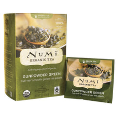 NUM006 | Numi Organic Tea Gunpowder Green box with a single tea sachet
