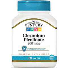 CNT035 | 21st Century Chromium Picolinate 200 mcg white bottle front labeled 100 tablets gluten free
