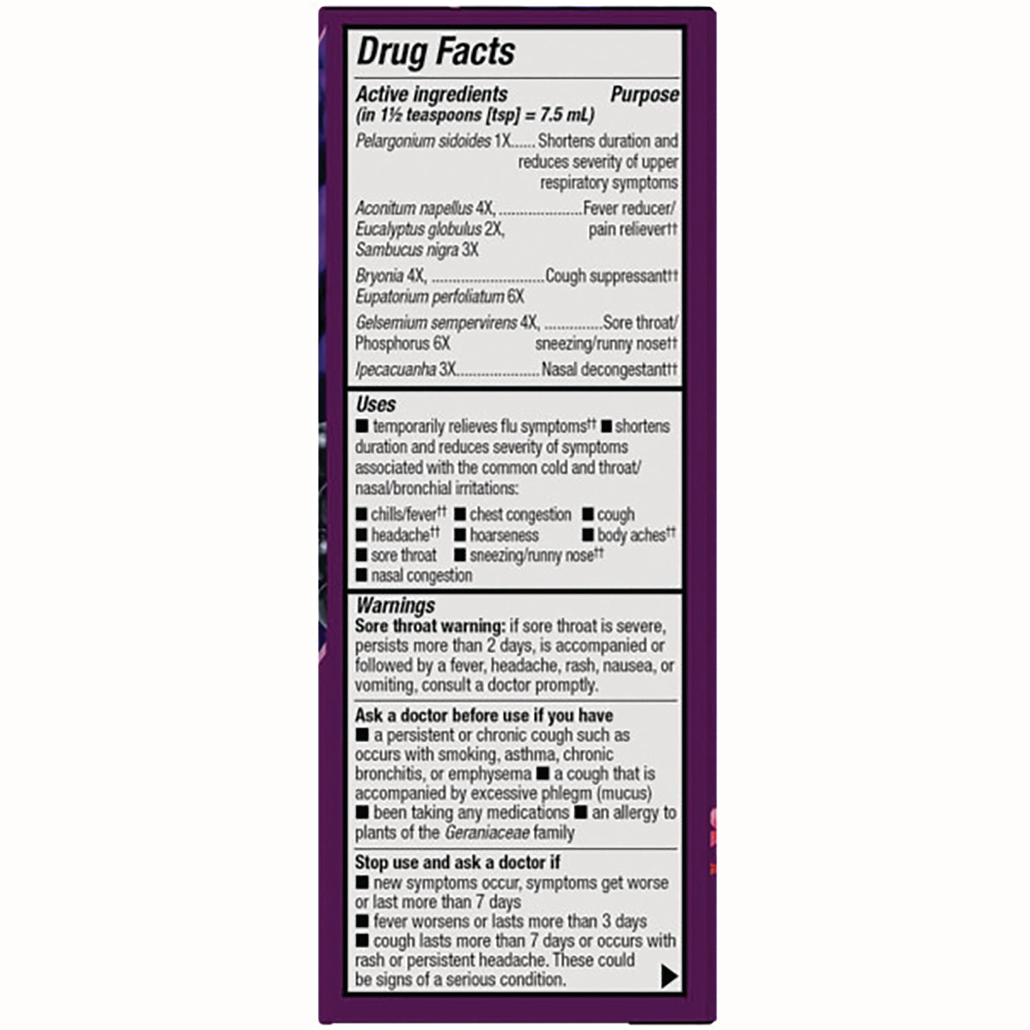 NW850 | Drug Facts panel showing active ingredients, uses, warnings and directions on purple product back