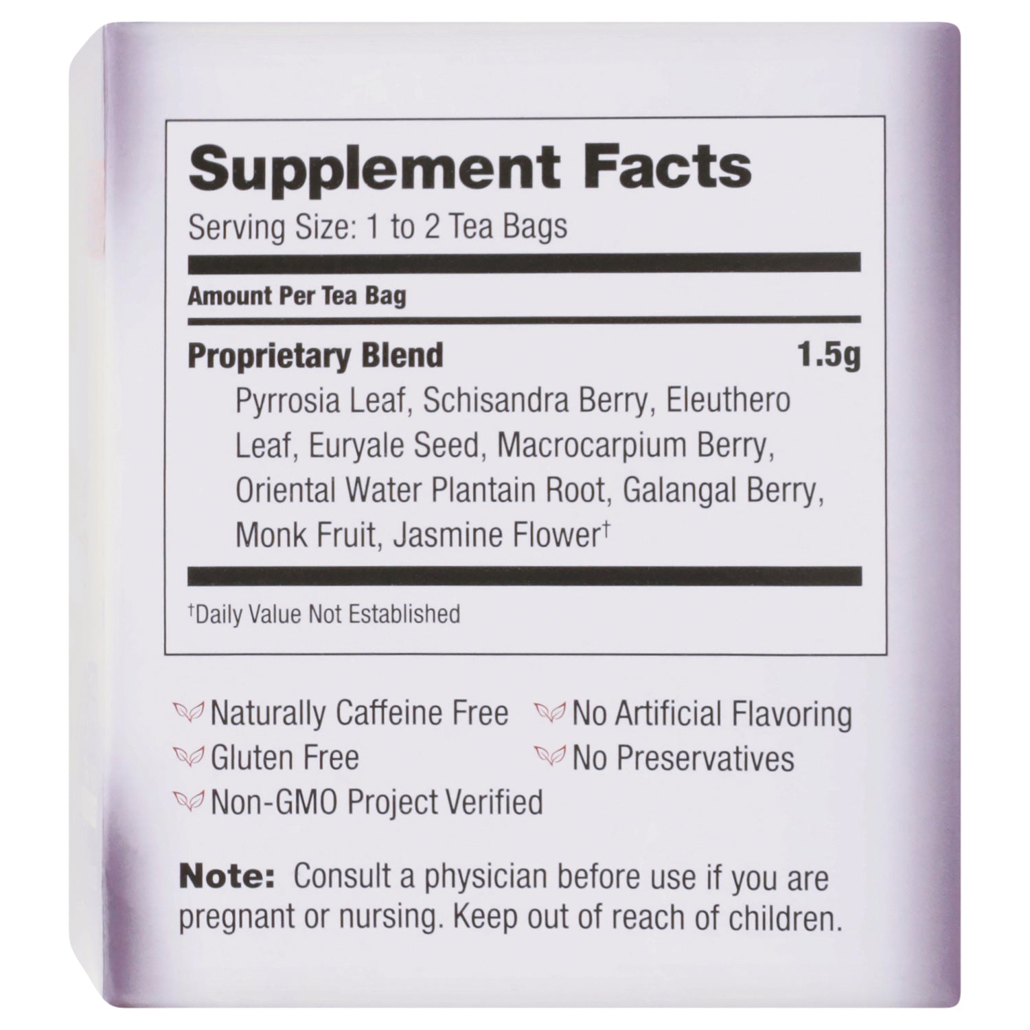 BVT007 | Supplement Facts back panel showing serving size 1 to 2 tea bags, proprietary blend ingredients and safety note