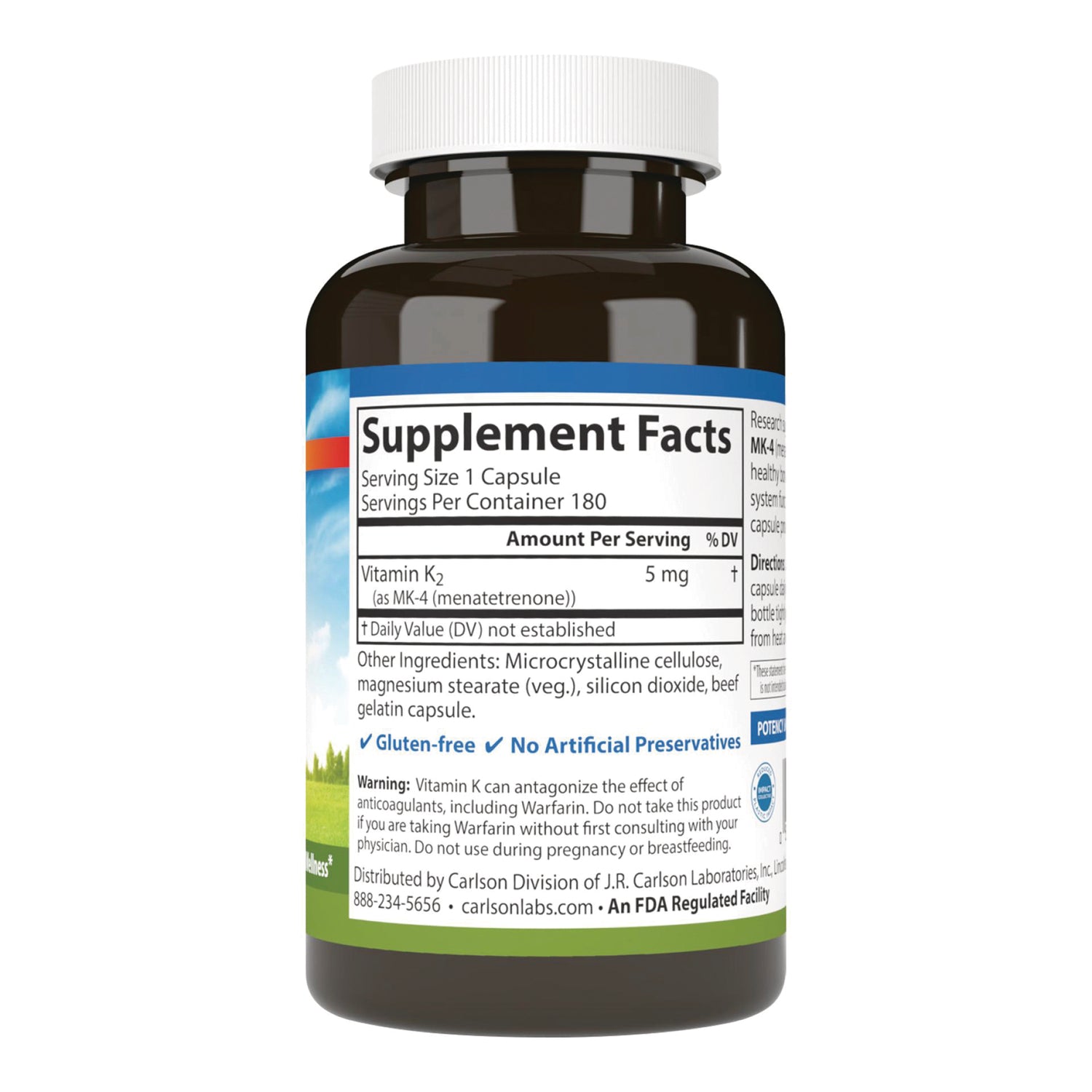 CSN189 | Supplement Facts label showing serving size 1 capsule, Vitamin K2 5 mg, ingredients and warning text