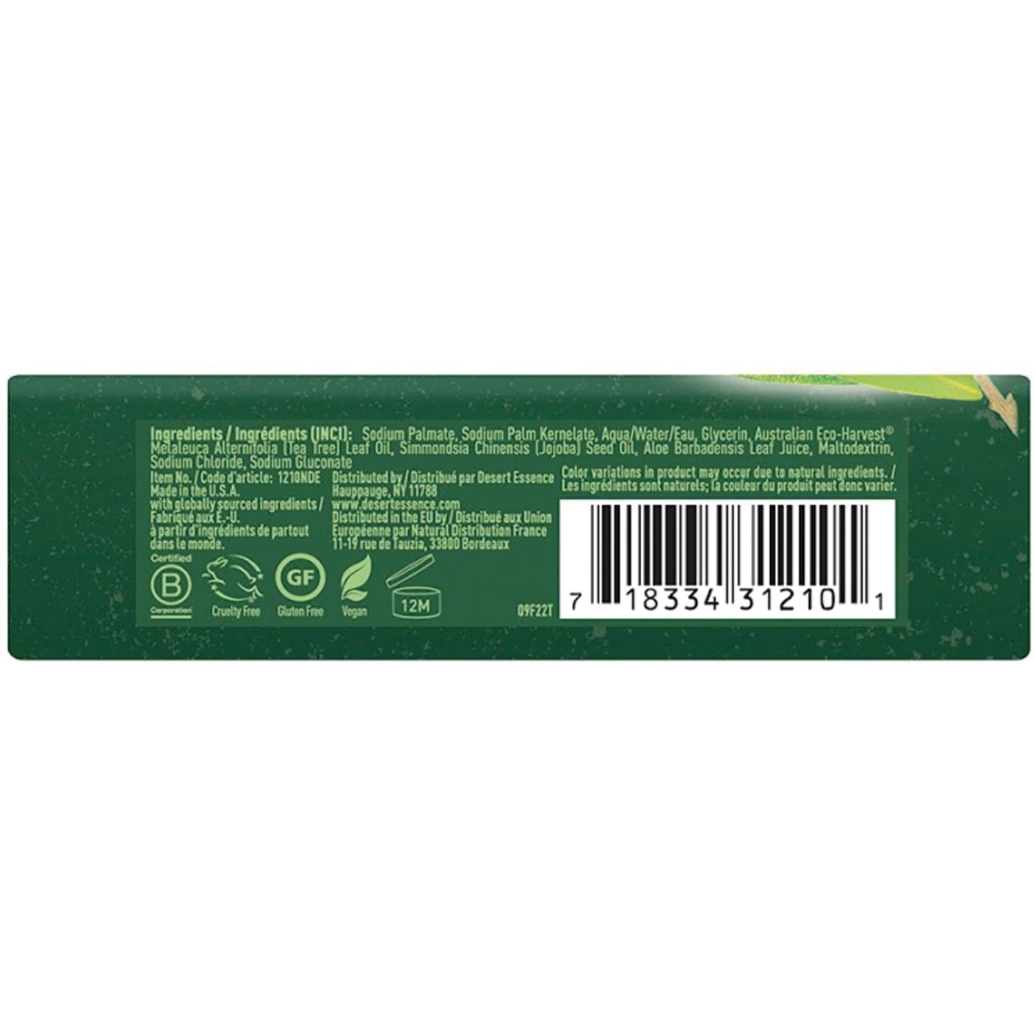 Back of green product box showing ingredients list, certification icons and barcode