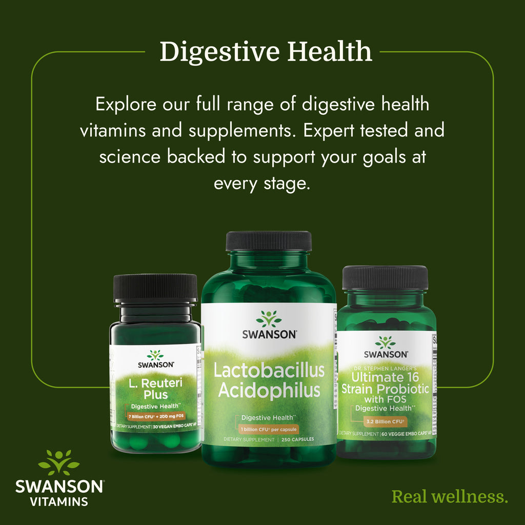 SW283 | Woman smiling beside Swanson Lactobacillus Acidophilus bottle with digestive health text - Thumbnail