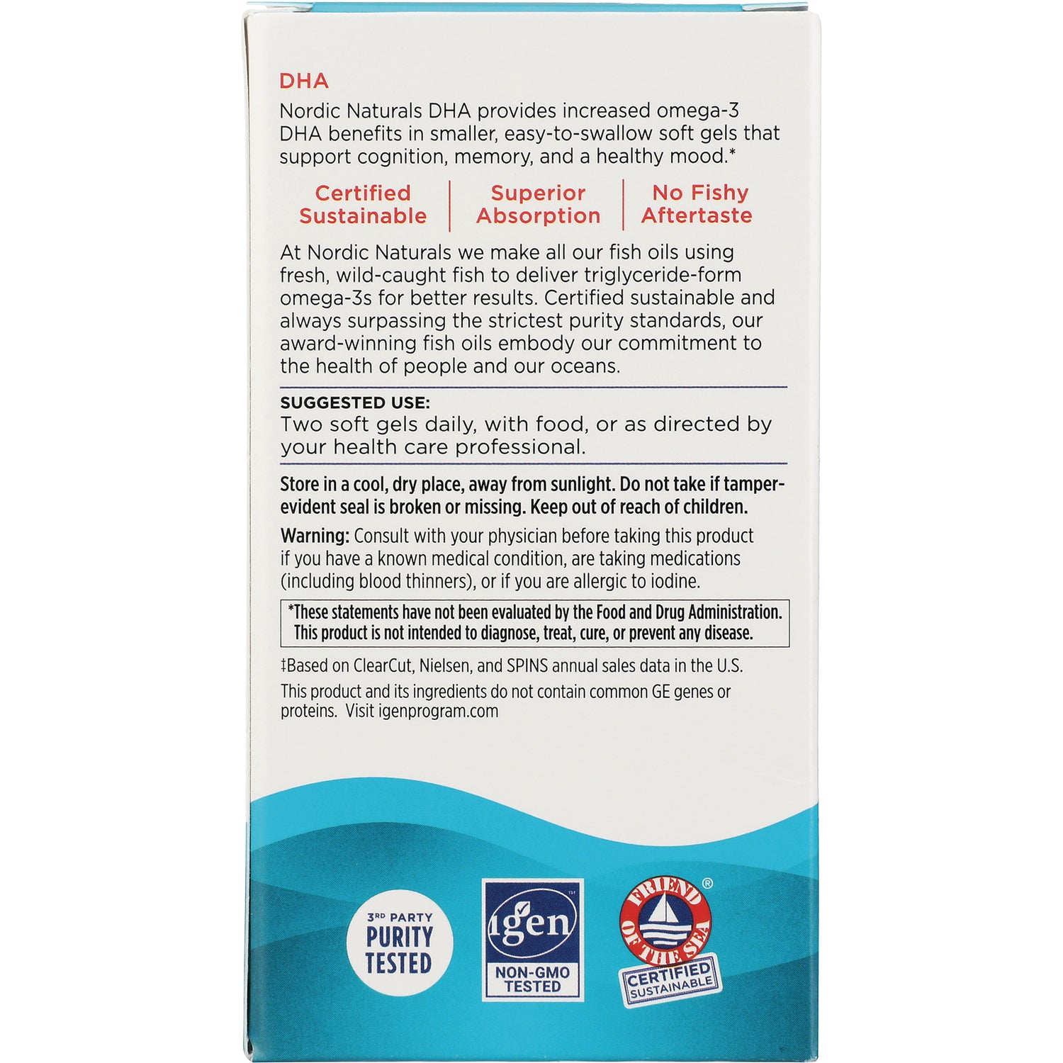 NRN010 | Back panel showing suggested use, warnings, and purity and non-GMO certification badges