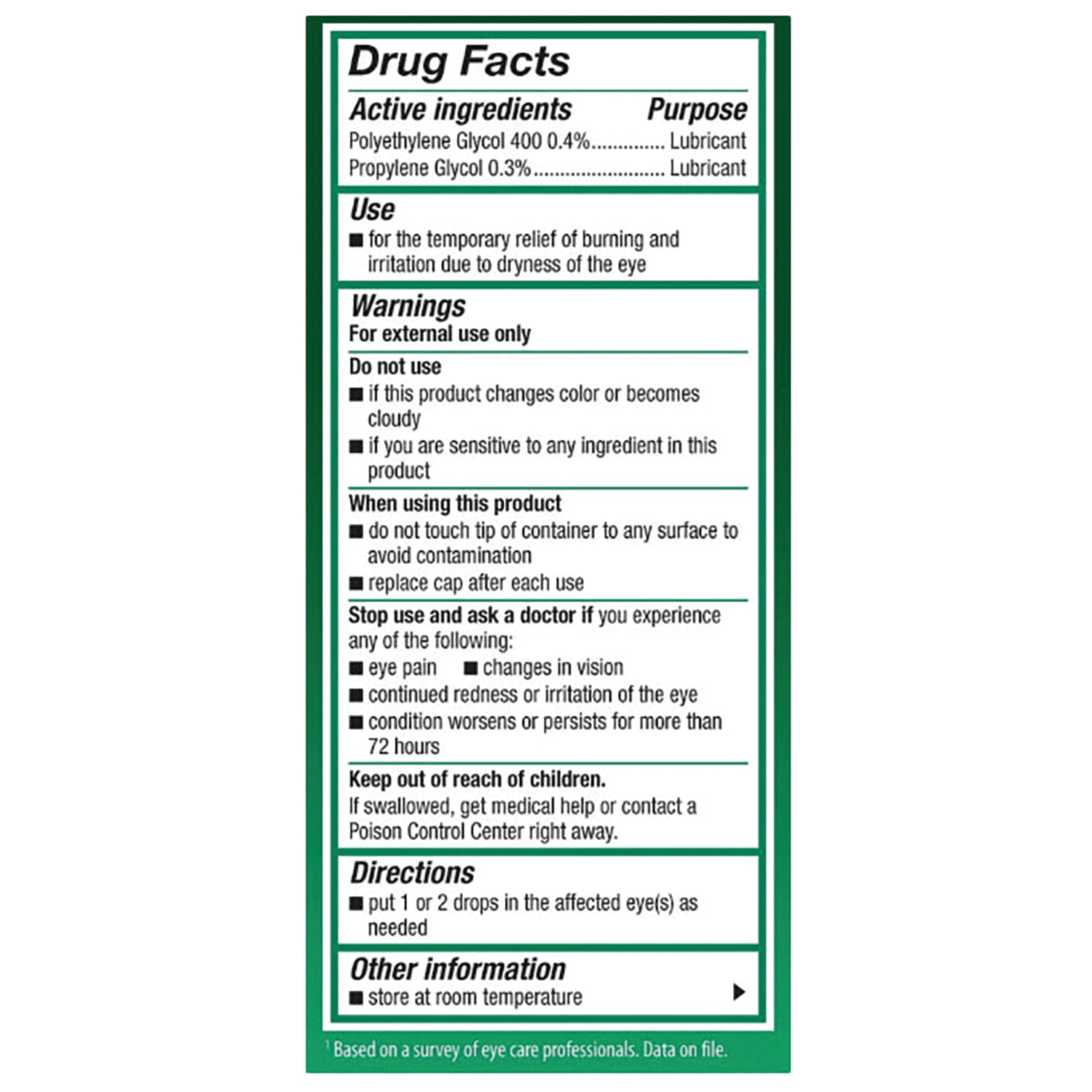 ACN013 | Back panel showing Drug Facts: active ingredients Polyethylene Glycol 400 0.4% and Propylene Glycol 0.3%, uses and warnings
