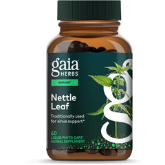 GH045 | Gaia Herbs Nettle Leaf supplement bottle, label reads Immune Support and With Gaia-grown Nettle, 60 vegan liquid phyto-caps
