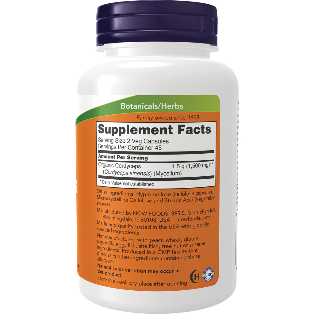 NWF963 | Back of white supplement bottle showing Supplement Facts and ingredients for organic cordyceps 1.5 g serving - Thumbnail