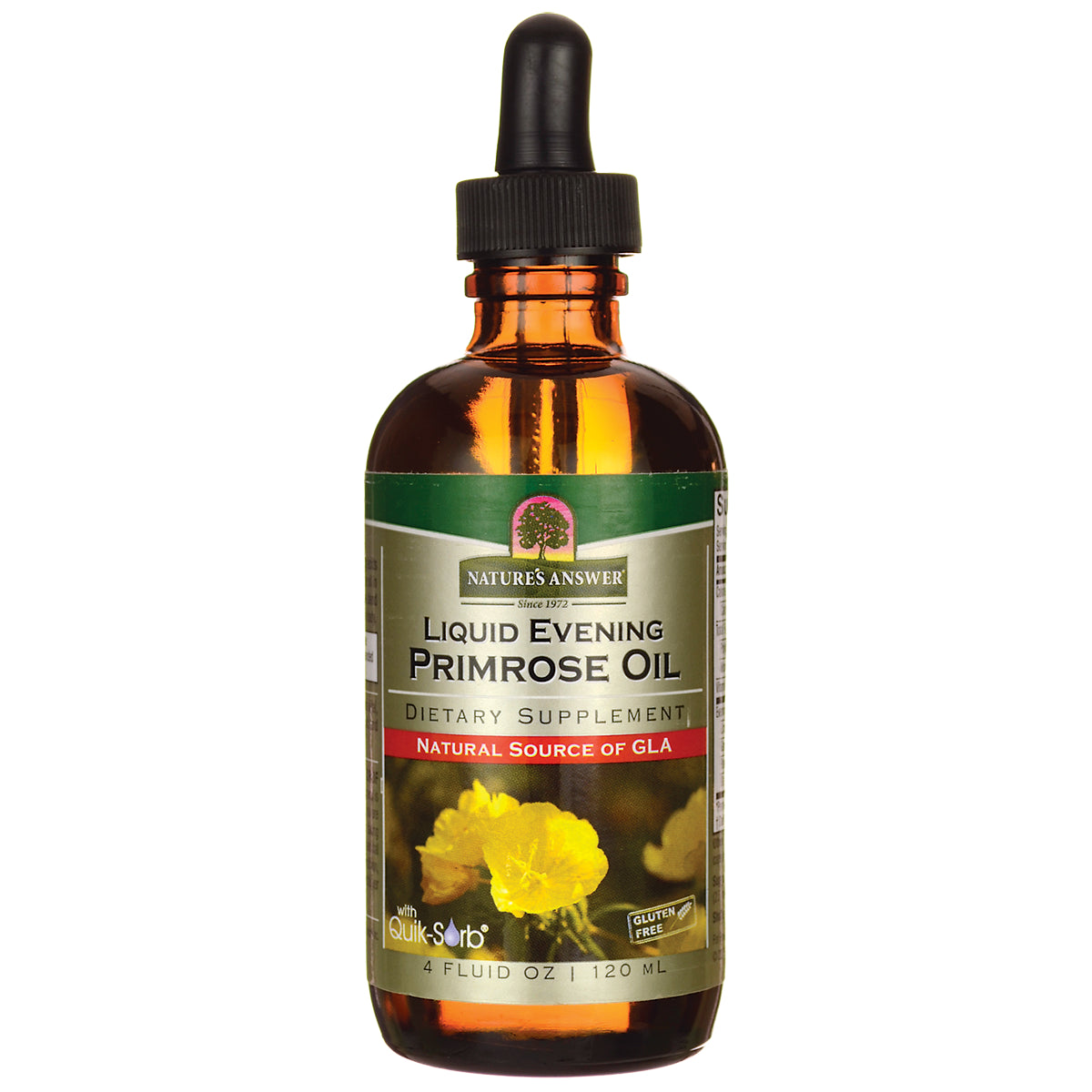 NAT030 | amber dropper bottle labeled Liquid Evening Primrose Oil dietary supplement with yellow primrose flower
