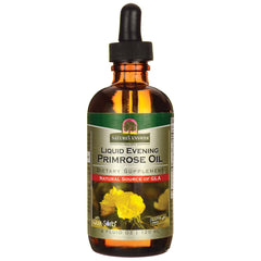 NAT030 | amber dropper bottle labeled Liquid Evening Primrose Oil dietary supplement with yellow primrose flower