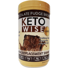 KW003 | KETO WISE meal replacement shake container, Chocolate Fudge Brownie flavor, front label showing 180 calories 14g fat 0g sugars