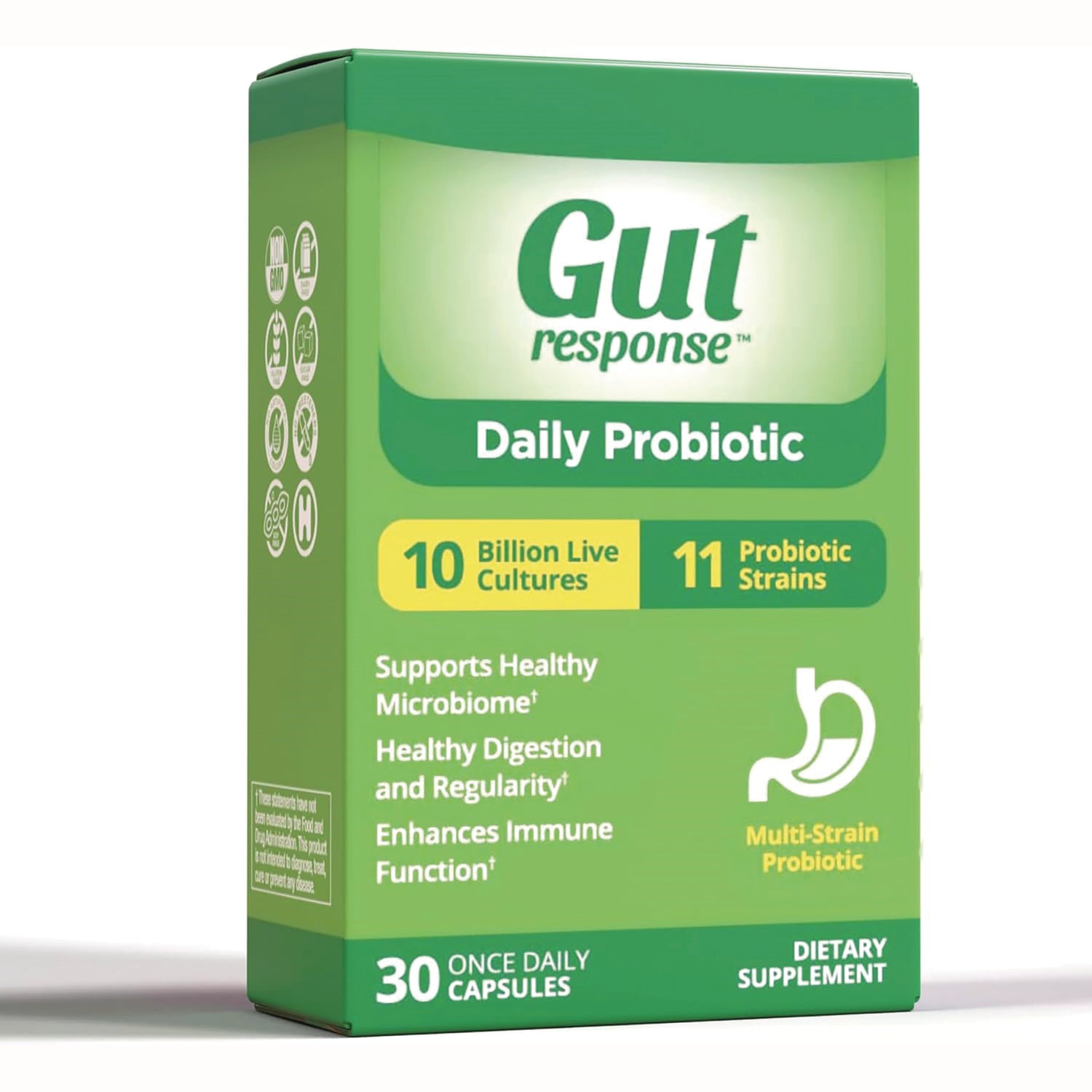 GTR005 | Gut response Daily Probiotic box, green front packaging showing 10 Billion Live Cultures, 11 Probiotic Strains, 30 capsules
