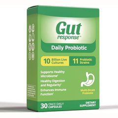 GTR005 | Gut response Daily Probiotic box, green front packaging showing 10 Billion Live Cultures, 11 Probiotic Strains, 30 capsules