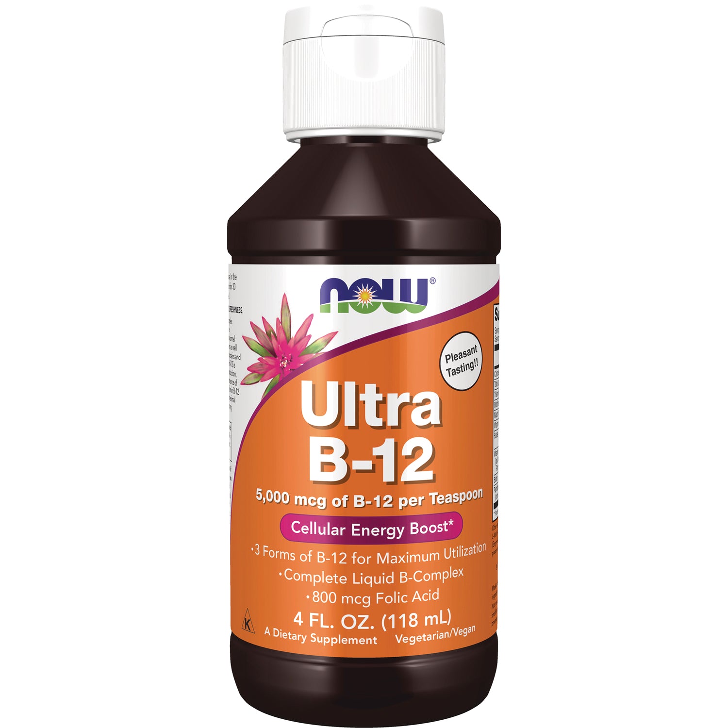 NWF380 | NOW Ultra B-12 liquid dietary supplement bottle, front label reads Ultra B-12 5,000 mcg per teaspoon, 4 fl oz