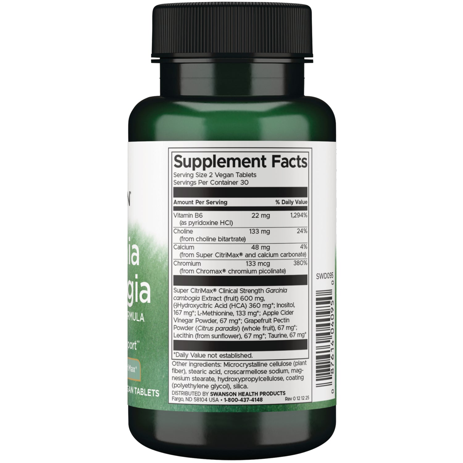 SWD095 | Back label showing Supplement Facts panel, ingredient list and barcode on green supplement bottle
