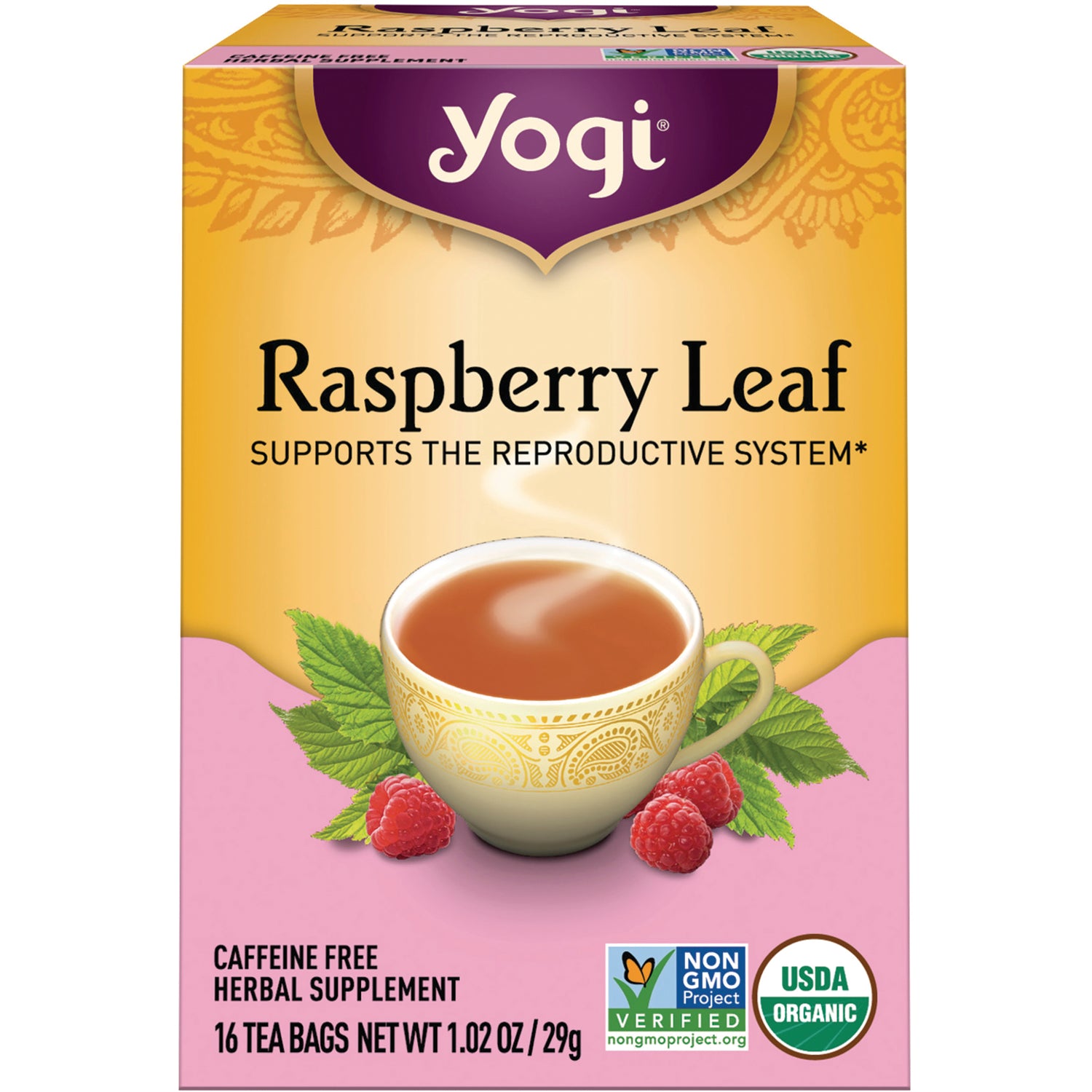 AHW004 | Yogi Raspberry Leaf tea box, caffeine free, 16 tea bags, Non-GMO Project Verified, USDA Organic