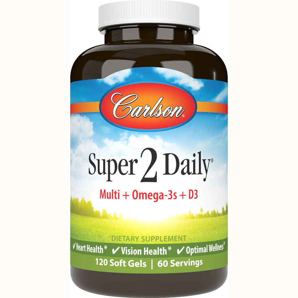 CSN038 | Carlson Super 2 Daily bottle label reading Multi + Omega-3s + D3 120 Soft Gels dietary supplement - Thumbnail