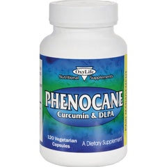 OXY002 | White bottle labeled PHENOCANE Curcumin & DLPA dietary supplement, 120 vegetarian capsules