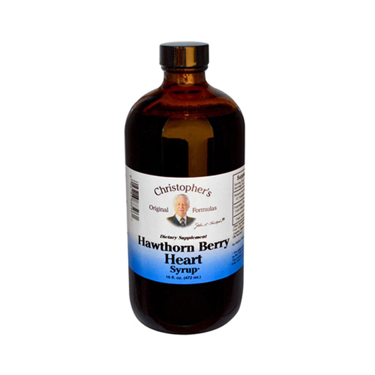 DCR071 | brown glass bottle of Christopher's Hawthorn Berry Heart Syrup 16 fl oz with white and blue label
