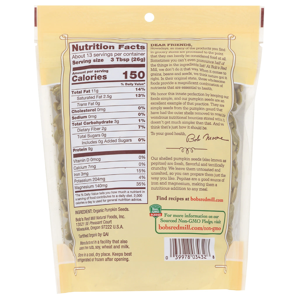 BOB261 | Back of Bob's Red Mill shelled pumpkin seeds pouch showing Nutrition Facts, ingredients, barcode and product information - Thumbnail