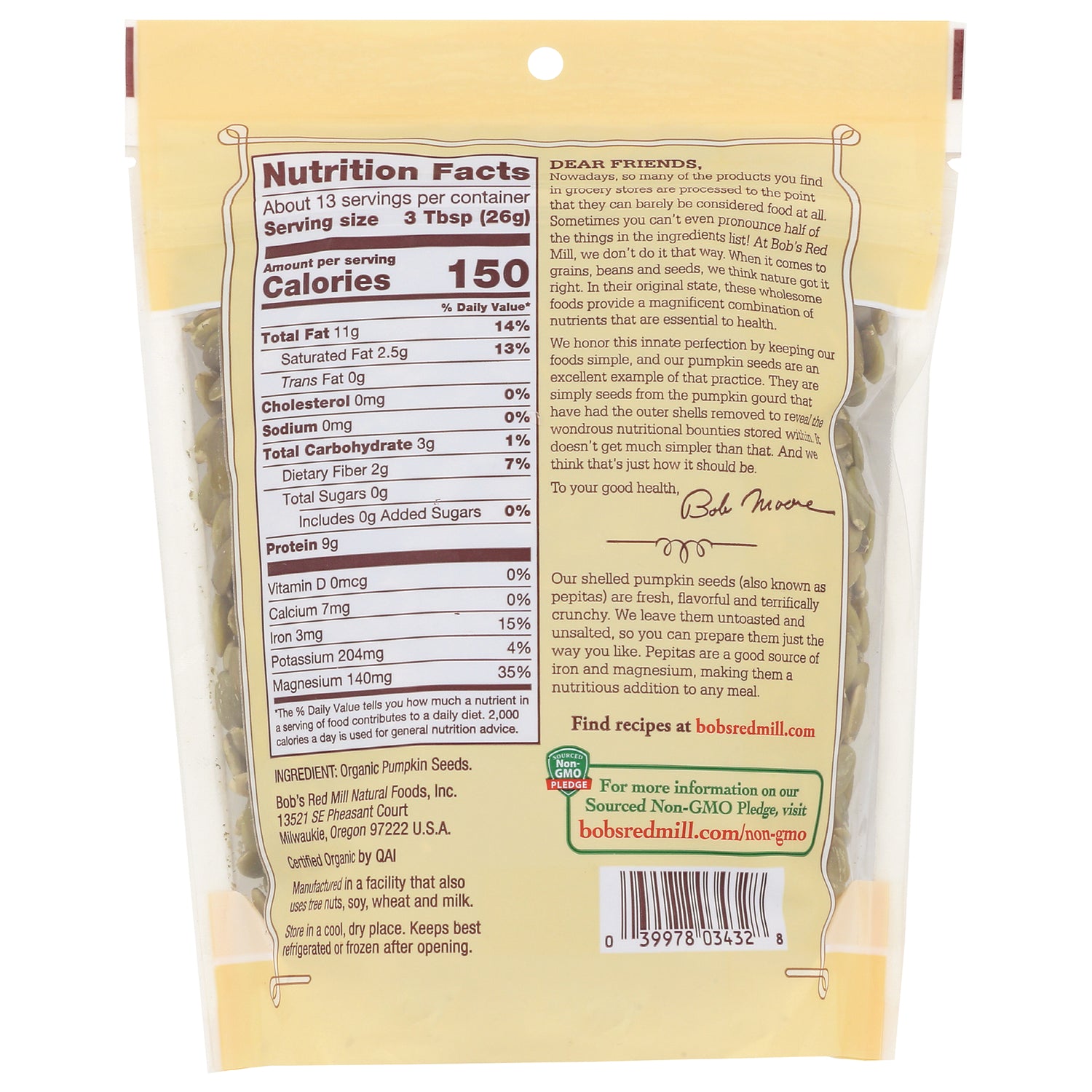 BOB261 | Back of Bob's Red Mill shelled pumpkin seeds pouch showing Nutrition Facts, ingredients, barcode and product information