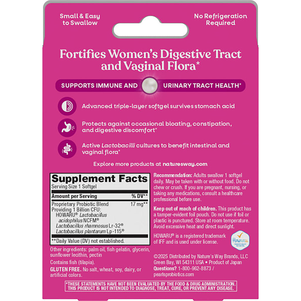 ET395 | Back of pink supplement pouch showing benefits for women's digestive and vaginal flora and Supplement Facts panel - Thumbnail