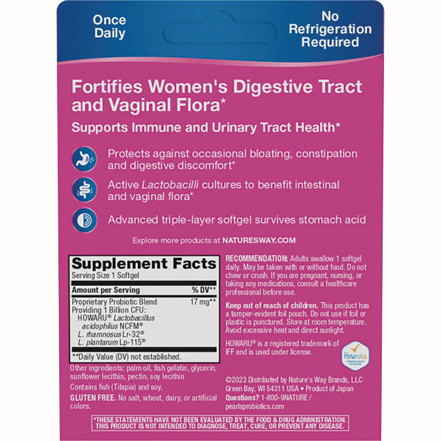 ET395 | Back of pink supplement pouch showing benefits for women's digestive and vaginal flora and Supplement Facts panel
