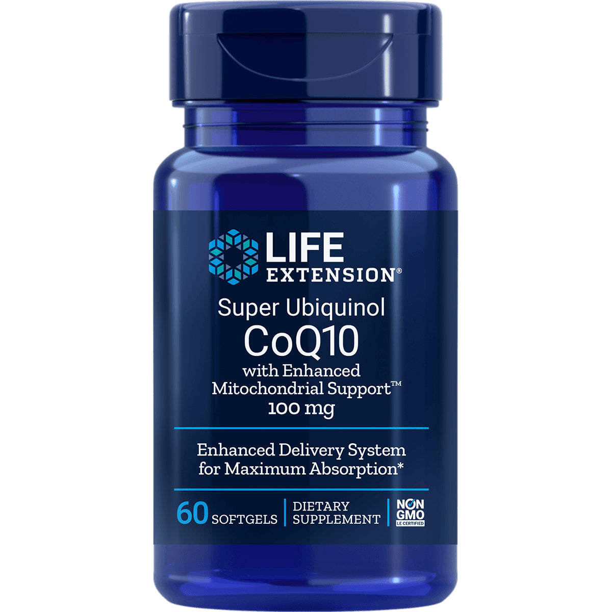 LE112 | Blue Life Extension bottle labeled Super Ubiquinol CoQ10 100 mg, 60 softgels dietary supplement