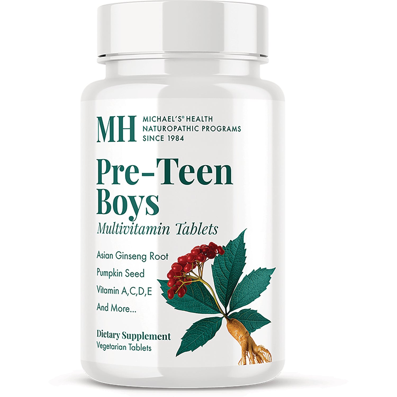 MNP019 | White supplement bottle labeled Pre-Teen Boys Multivitamin Tablets with ginseng root illustration
